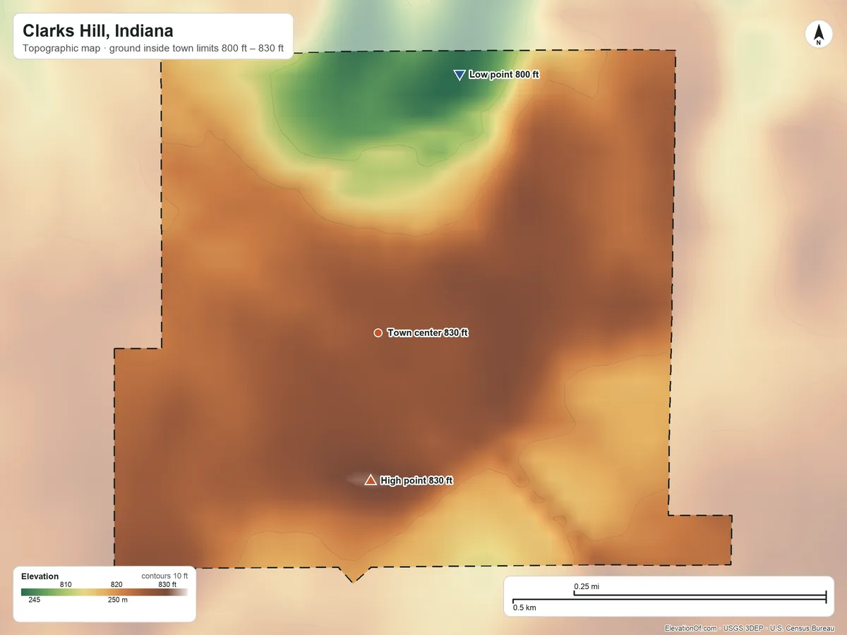 Topographic elevation map of Clarks Hill, Indiana, shaded from 800 ft on the north side to 830 ft on the south side