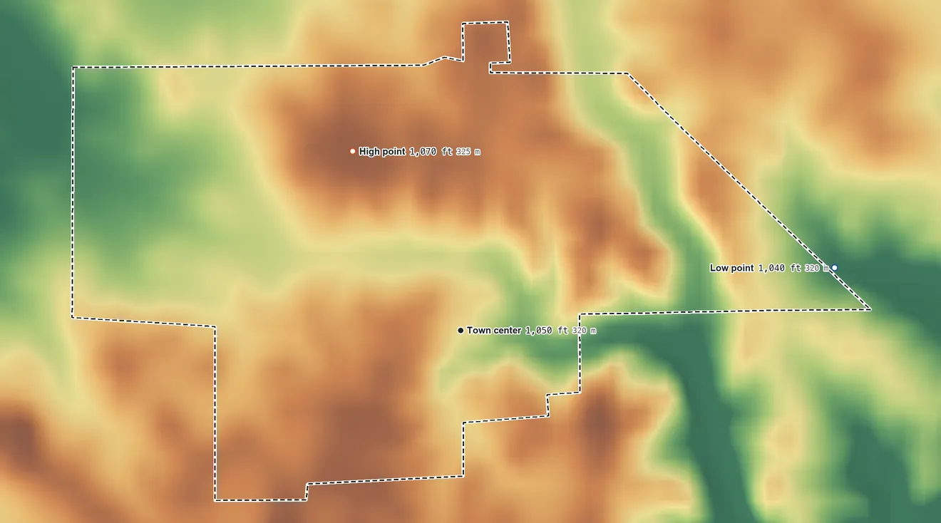 Topographic elevation map of Clarksburg, Indiana, shaded from 1,040 ft on the east side to 1,070 ft on the northwest side