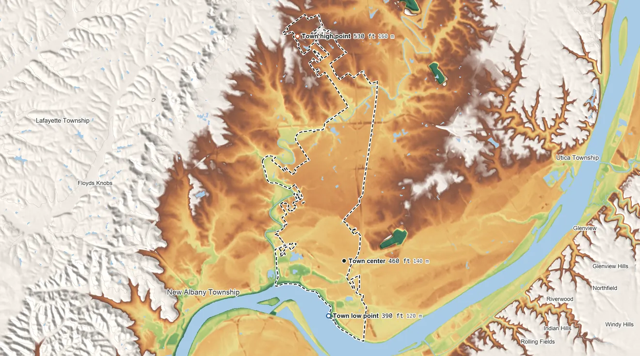 Topographic elevation map of Clarksville, Indiana, shaded from 390 ft on the south side to 530 ft on the north edge, below higher ground just outside