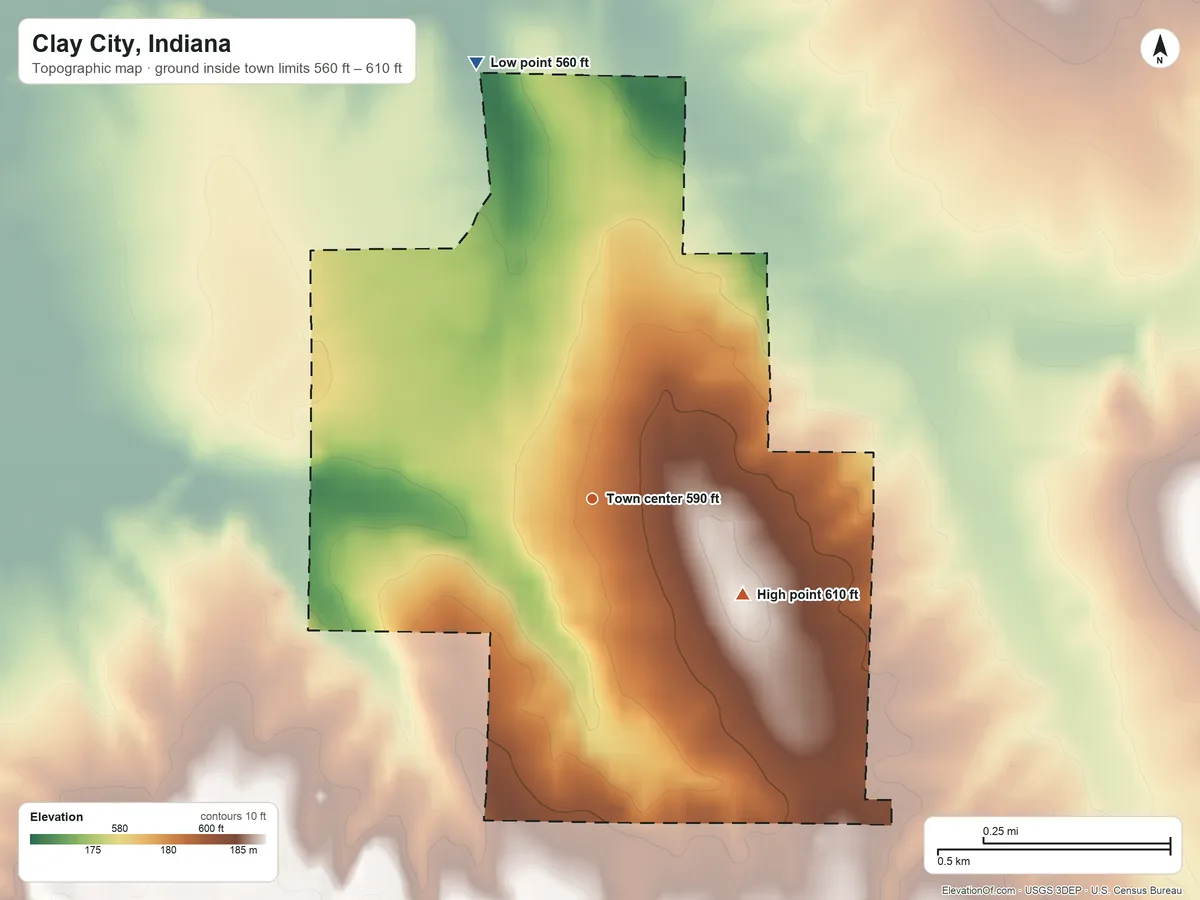 Topographic elevation map of Clay City, Indiana, shaded from 560 ft on the north side to 610 ft on the southeast side