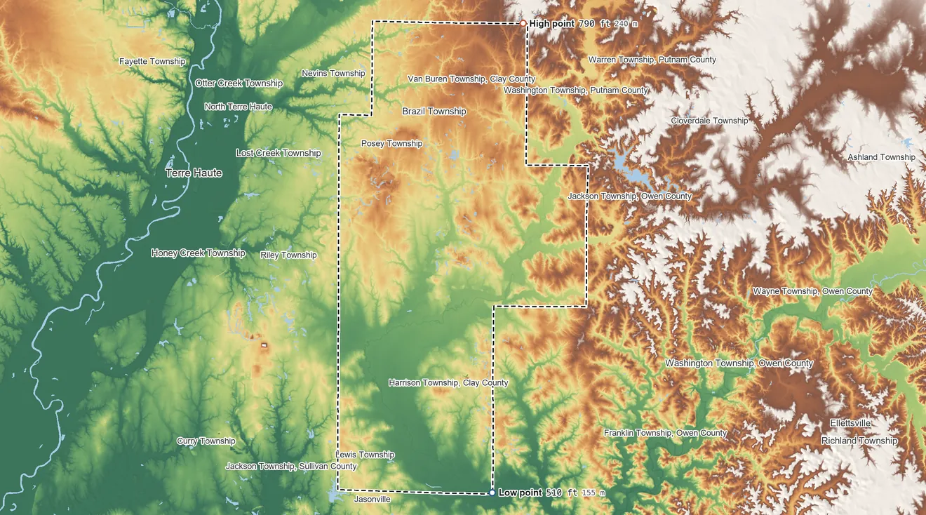 Topographic elevation map of Clay County, Indiana, shaded from 510 ft on the south side to 790 ft on the north side