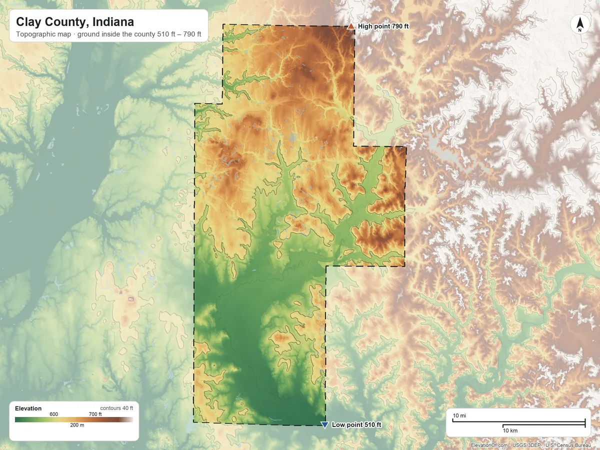 Topographic elevation map of Clay County, Indiana, shaded from 510 ft on the south side to 790 ft on the north side
