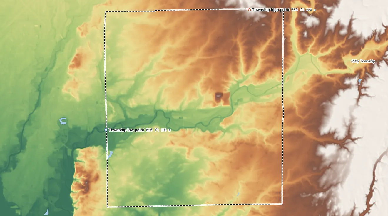 Topographic elevation map of Clay Township, Bartholomew County, Indiana, shaded from 620 ft on the west side to 730 ft on the northeast side