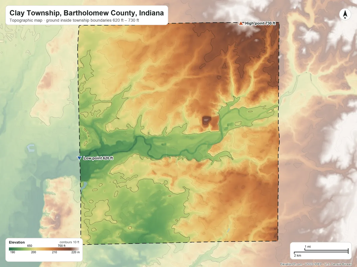 Topographic elevation map of Clay Township, Bartholomew County, Indiana, shaded from 620 ft on the west side to 730 ft on the northeast side