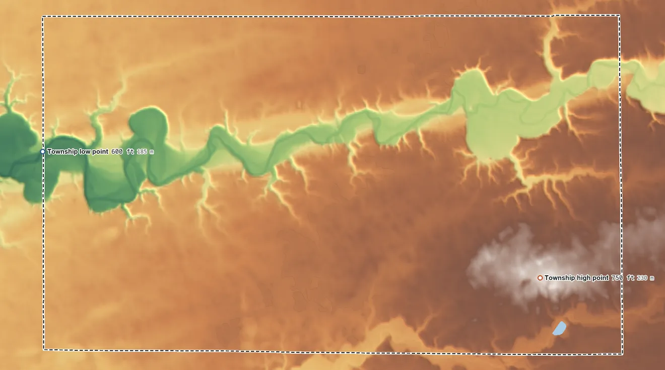 Topographic elevation map of Clay Township, Carroll County, Indiana, shaded from 600 ft on the west side to 750 ft on the southeast side