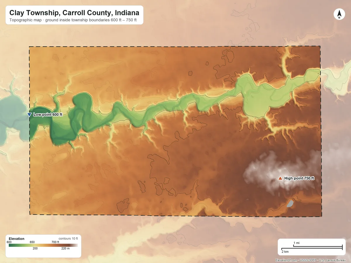 Topographic elevation map of Clay Township, Carroll County, Indiana, shaded from 600 ft on the west side to 750 ft on the southeast side