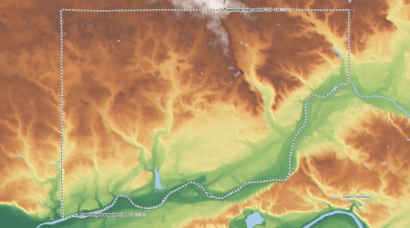 Topographic elevation map of Clay Township, Cass County, Indiana, shaded from 600 ft on the southwest side to 790 ft on the northeast side