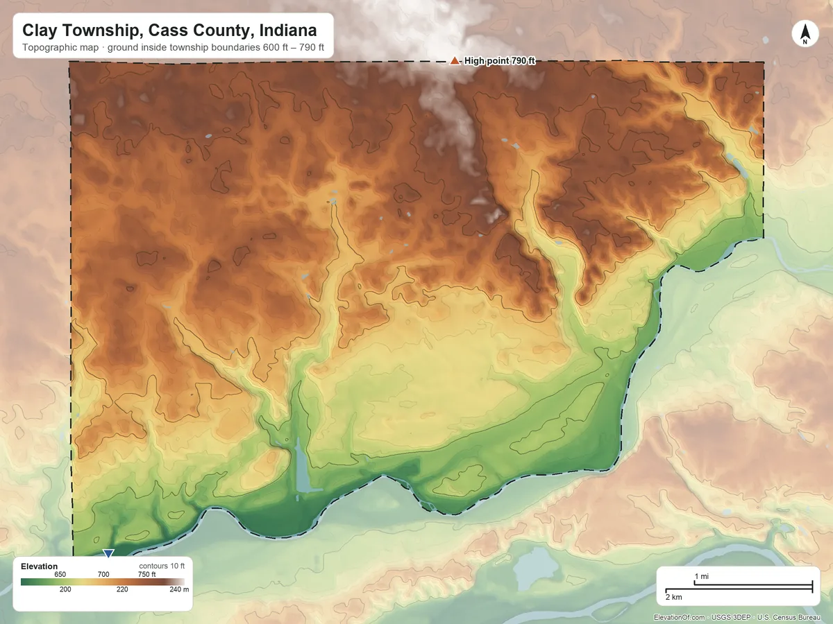 Topographic elevation map of Clay Township, Cass County, Indiana, shaded from 600 ft on the southwest side to 790 ft on the northeast side