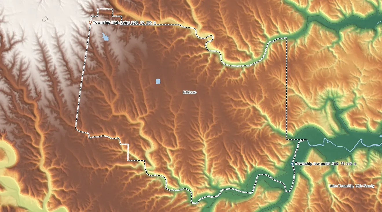 Topographic elevation map of Clay Township, Dearborn County, Indiana, shaded from 460 ft on the southeast side to 960 ft on the northwest side