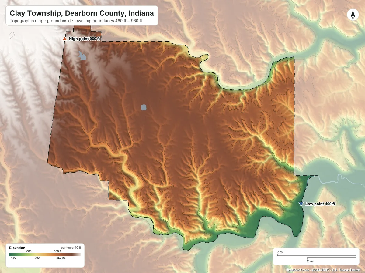 Topographic elevation map of Clay Township, Dearborn County, Indiana, shaded from 460 ft on the southeast side to 960 ft on the northwest side
