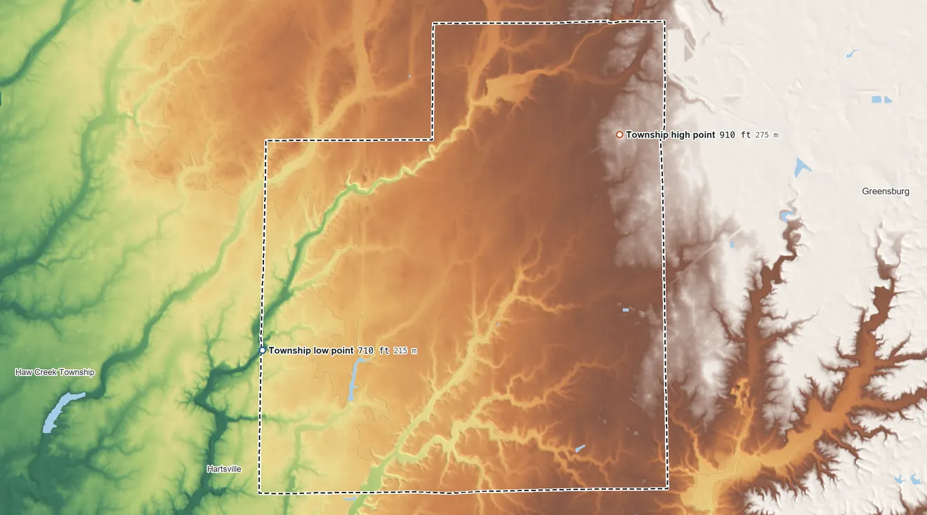 Topographic elevation map of Clay Township, Decatur County, Indiana, shaded from 710 ft on the west side to 910 ft on the northeast side
