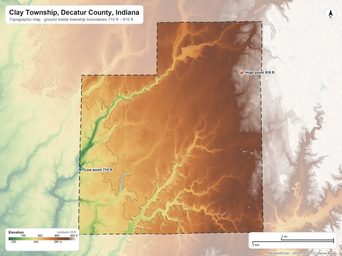 Topographic elevation map of Clay Township, Decatur County, Indiana, shaded from 710 ft on the west side to 910 ft on the northeast side