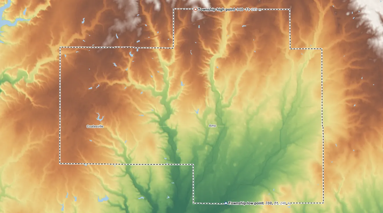 Topographic elevation map of Clay Township, Hendricks County, Indiana, shaded from 780 ft on the southeast side to 940 ft on the north side