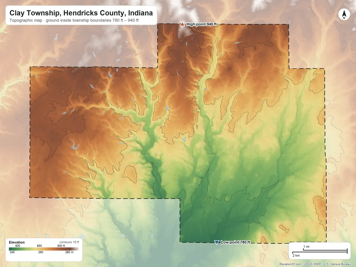Topographic elevation map of Clay Township, Hendricks County, Indiana, shaded from 780 ft on the southeast side to 940 ft on the north side