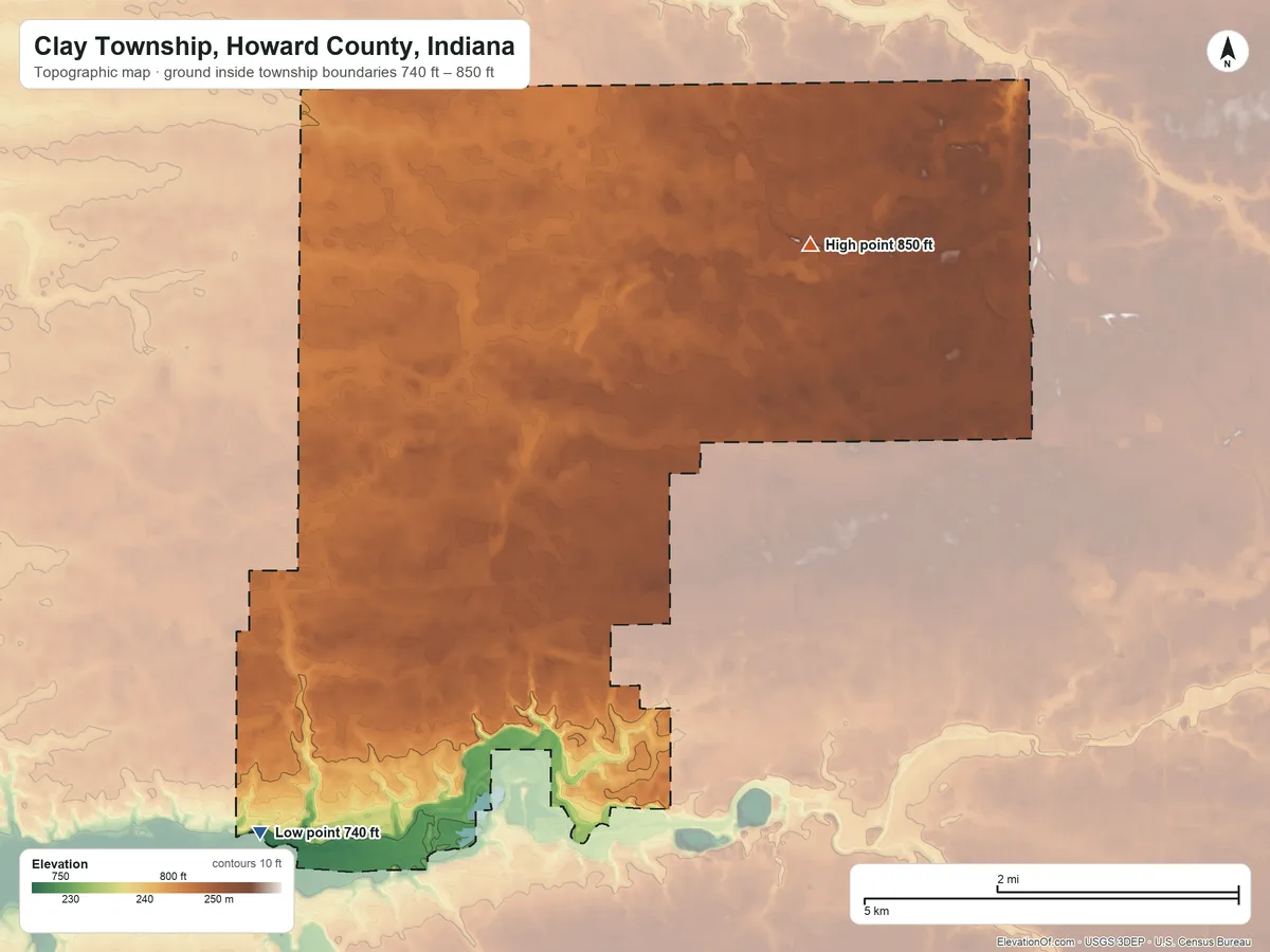 Topographic elevation map of Clay Township, Howard County, Indiana, shaded from 740 ft on the southwest side to 850 ft on the northeast side