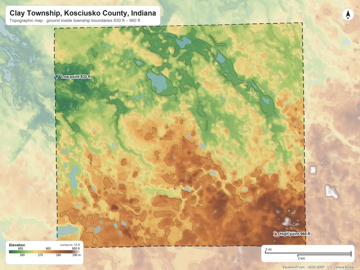 Topographic elevation map of Clay Township, Kosciusko County, Indiana, shaded from 830 ft on the northwest side to 960 ft on the southeast side