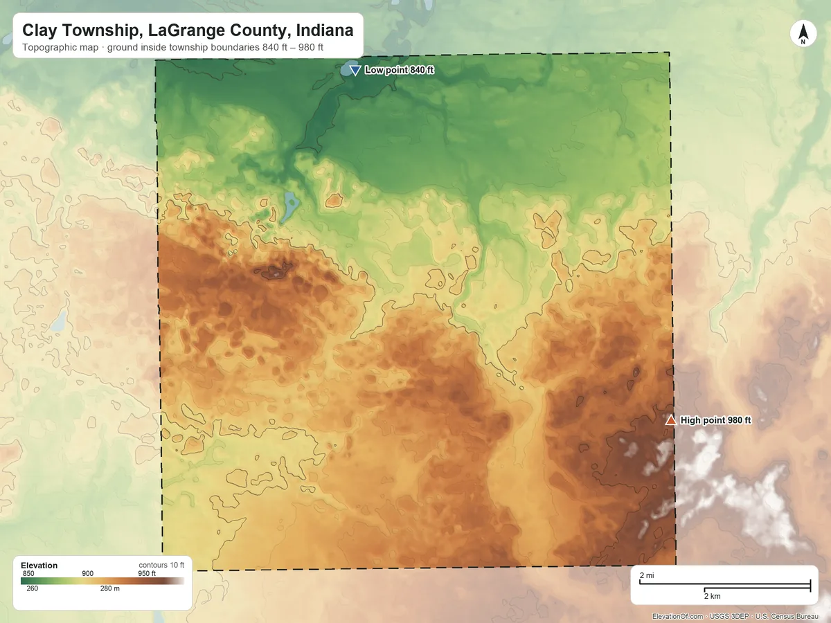 Topographic elevation map of Clay Township, LaGrange County, Indiana, shaded from 840 ft on the north side to 980 ft on the east side