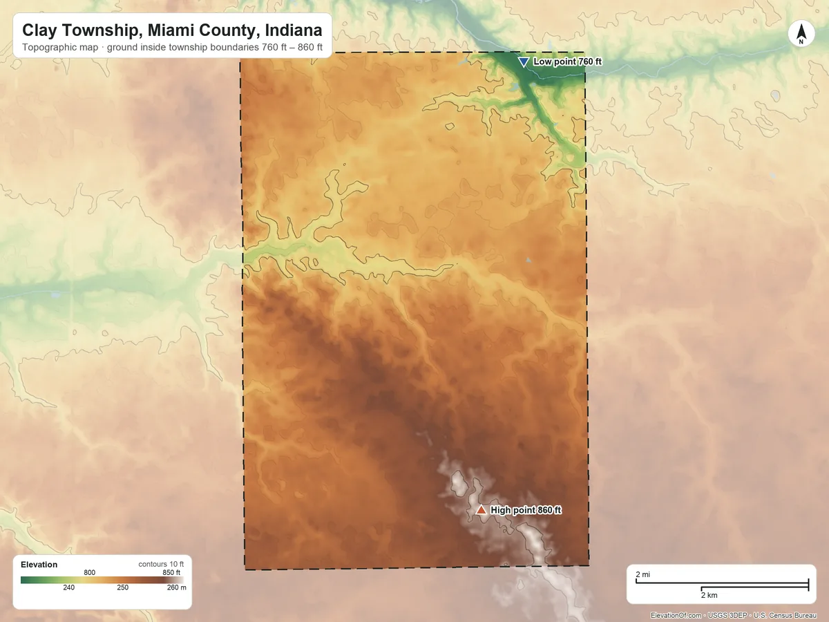 Topographic elevation map of Clay Township, Miami County, Indiana, shaded from 760 ft on the north side to 860 ft on the south side