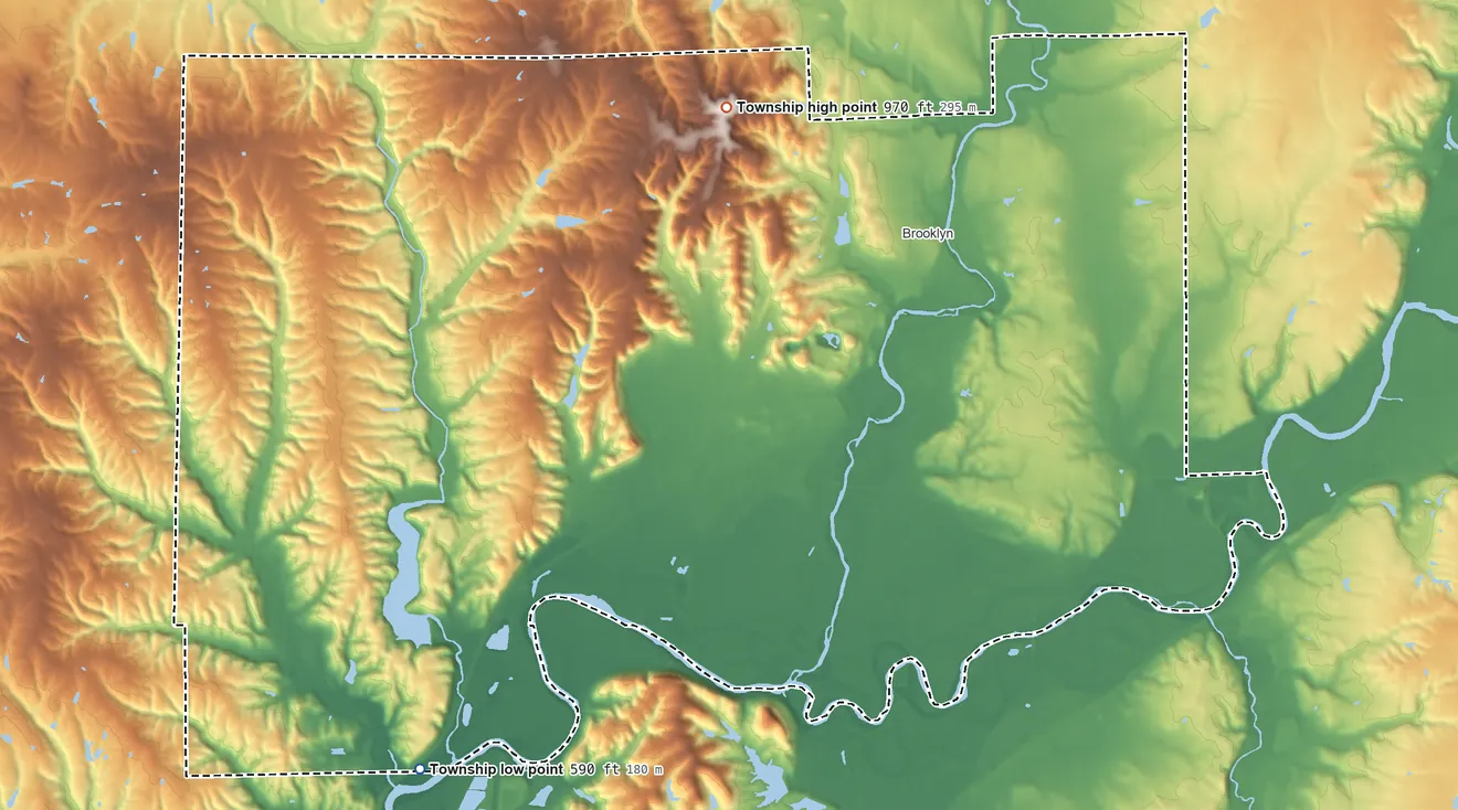 Topographic elevation map of Clay Township, Morgan County, Indiana, shaded from 590 ft on the southwest side to 970 ft on the north side