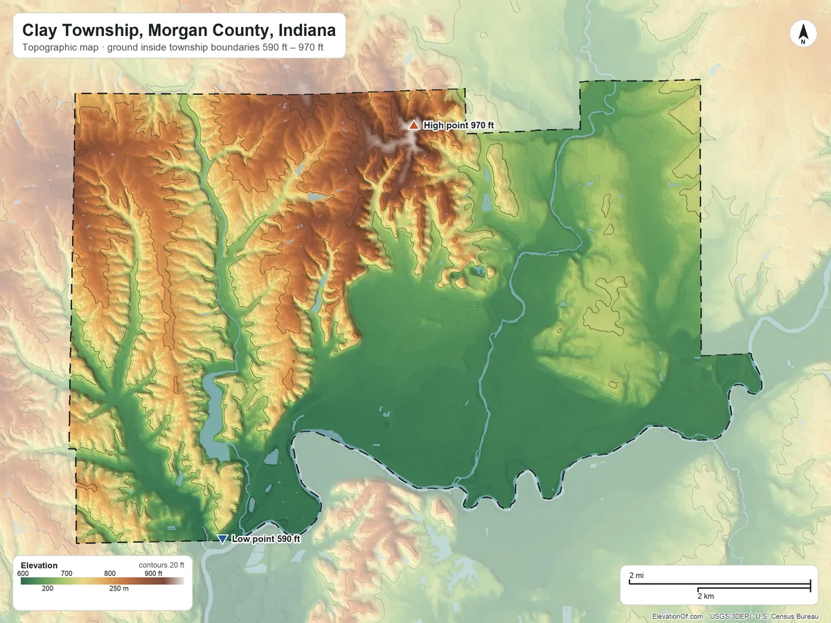 Topographic elevation map of Clay Township, Morgan County, Indiana, shaded from 590 ft on the southwest side to 970 ft on the north side