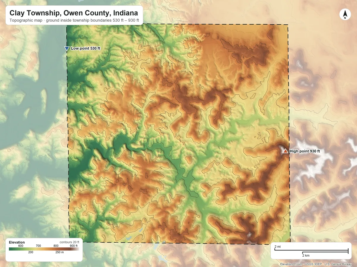 Topographic elevation map of Clay Township, Owen County, Indiana, shaded from 530 ft on the northwest side to 930 ft on the east side