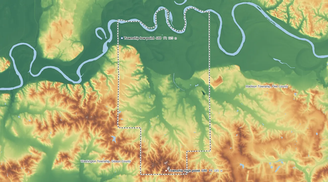 Topographic elevation map of Clay Township, Pike County, Indiana, shaded from 400 ft on the northwest side to 600 ft on the south side