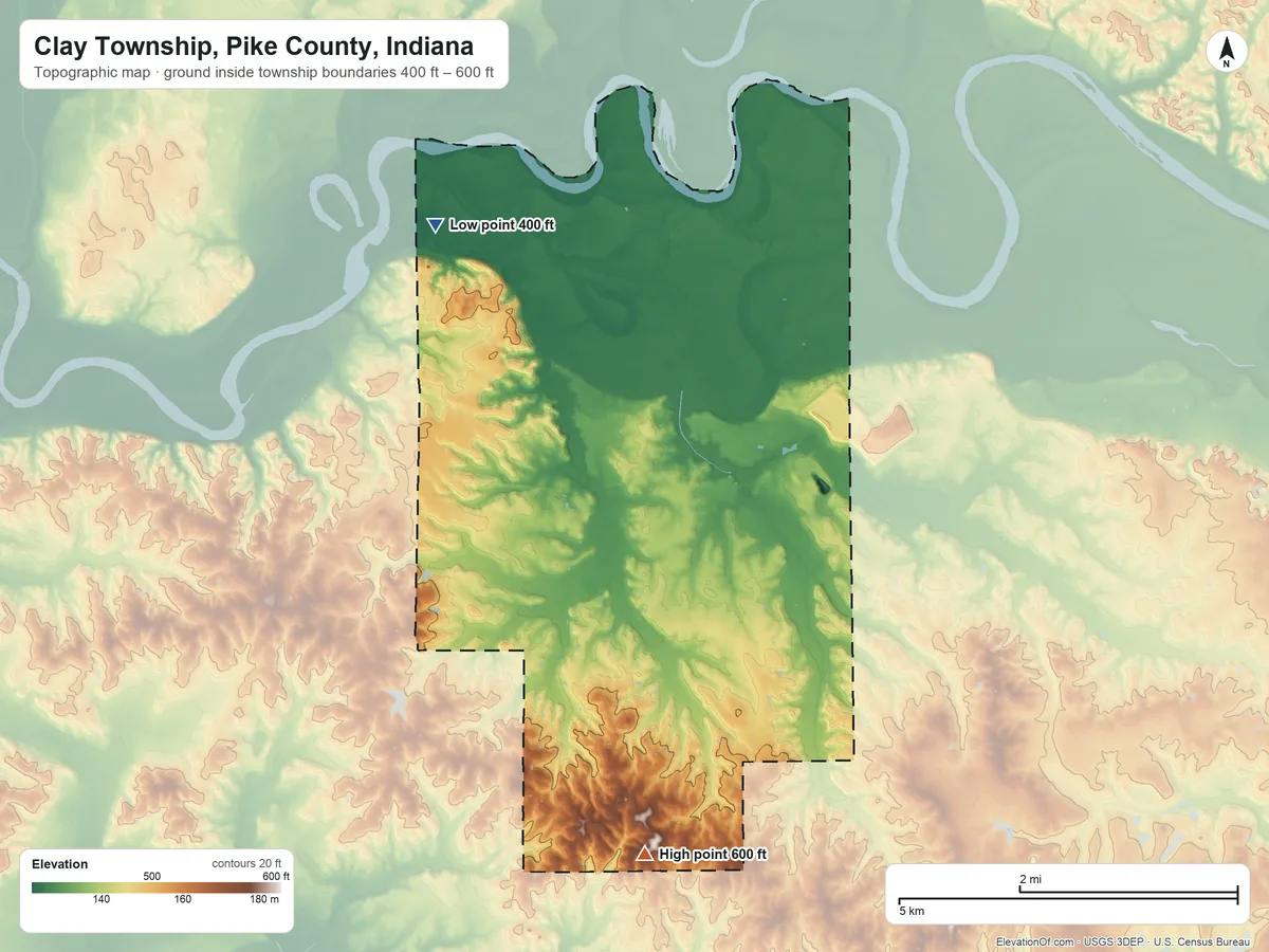 Topographic elevation map of Clay Township, Pike County, Indiana, shaded from 400 ft on the northwest side to 600 ft on the south side
