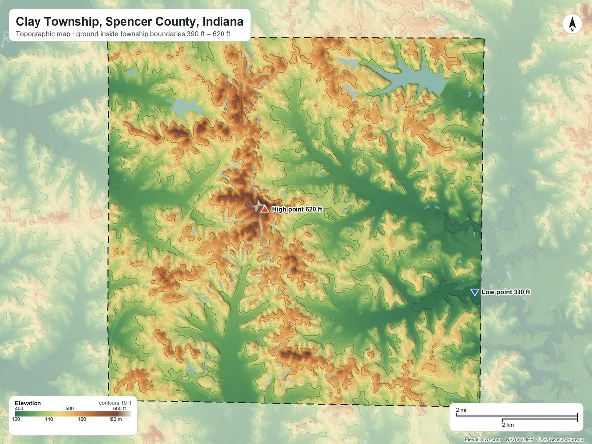 Topographic elevation map of Clay Township, Spencer County, Indiana, shaded from 390 ft on the southeast side to 620 ft on the southwest side