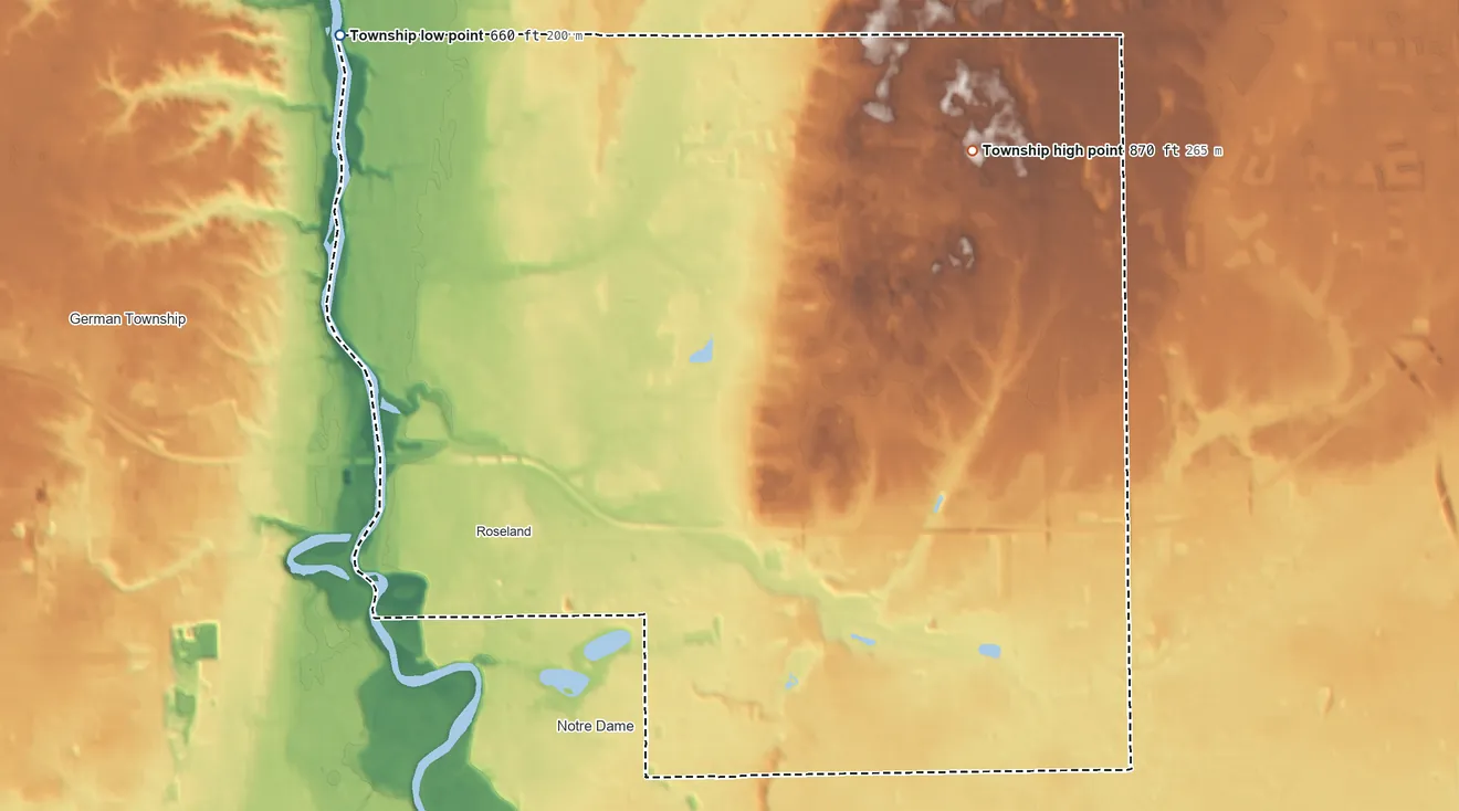 Topographic elevation map of Clay Township, St. Joseph County, Indiana, shaded from 660 ft on the northwest side to 870 ft on the northeast side