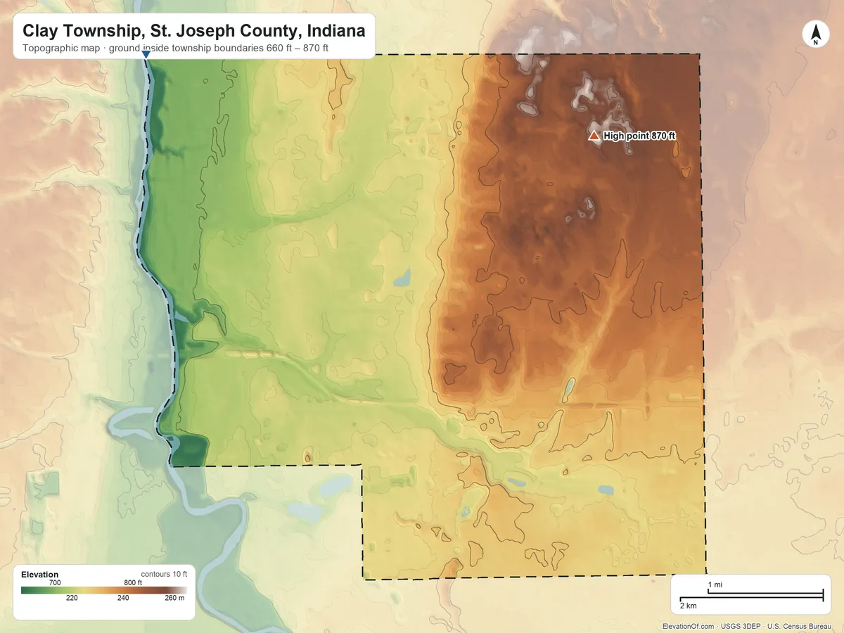 Topographic elevation map of Clay Township, St. Joseph County, Indiana, shaded from 660 ft on the northwest side to 870 ft on the northeast side
