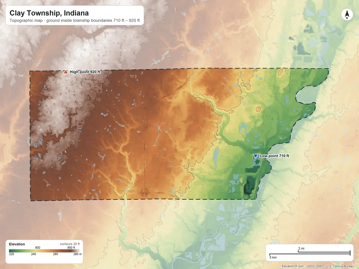 Topographic elevation map of Clay Township, Indiana, shaded from 710 ft on the southeast side to 920 ft on the northwest side