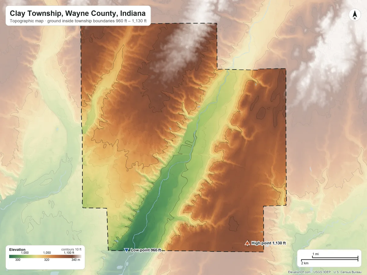 Topographic elevation map of Clay Township, Wayne County, Indiana, shaded from 960 ft on the southwest side to 1,130 ft on the southeast side