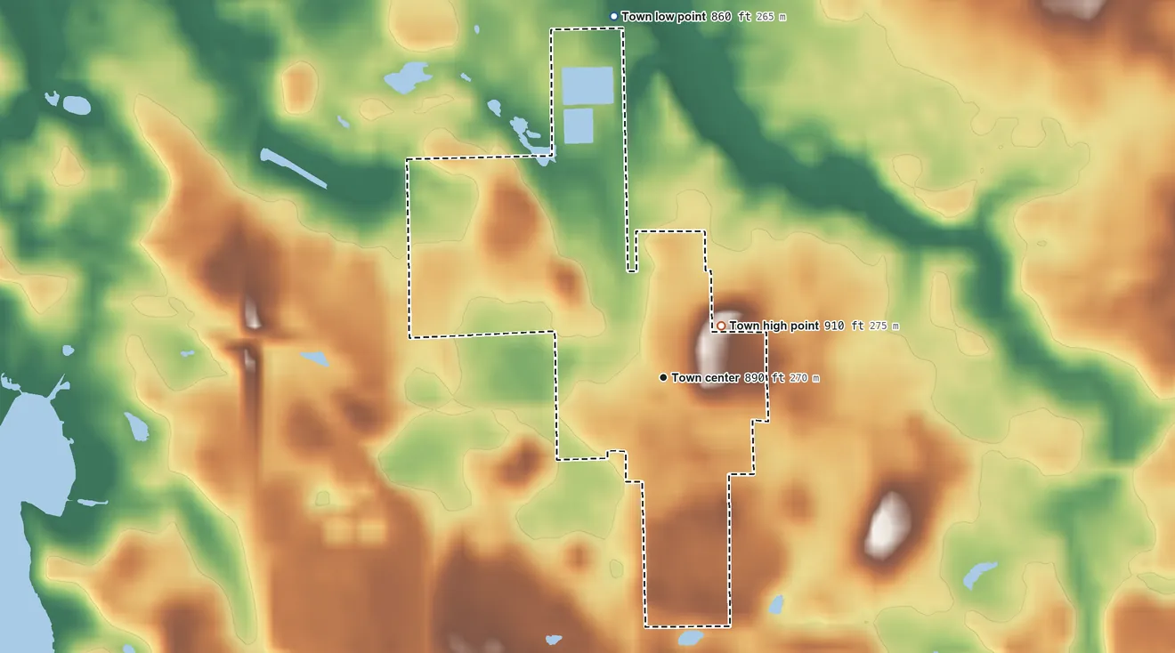 Topographic elevation map of Claypool, Indiana, shaded from 860 ft on the north side to 910 ft on the northeast side