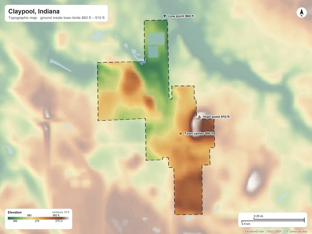 Topographic elevation map of Claypool, Indiana, shaded from 860 ft on the north side to 910 ft on the northeast side