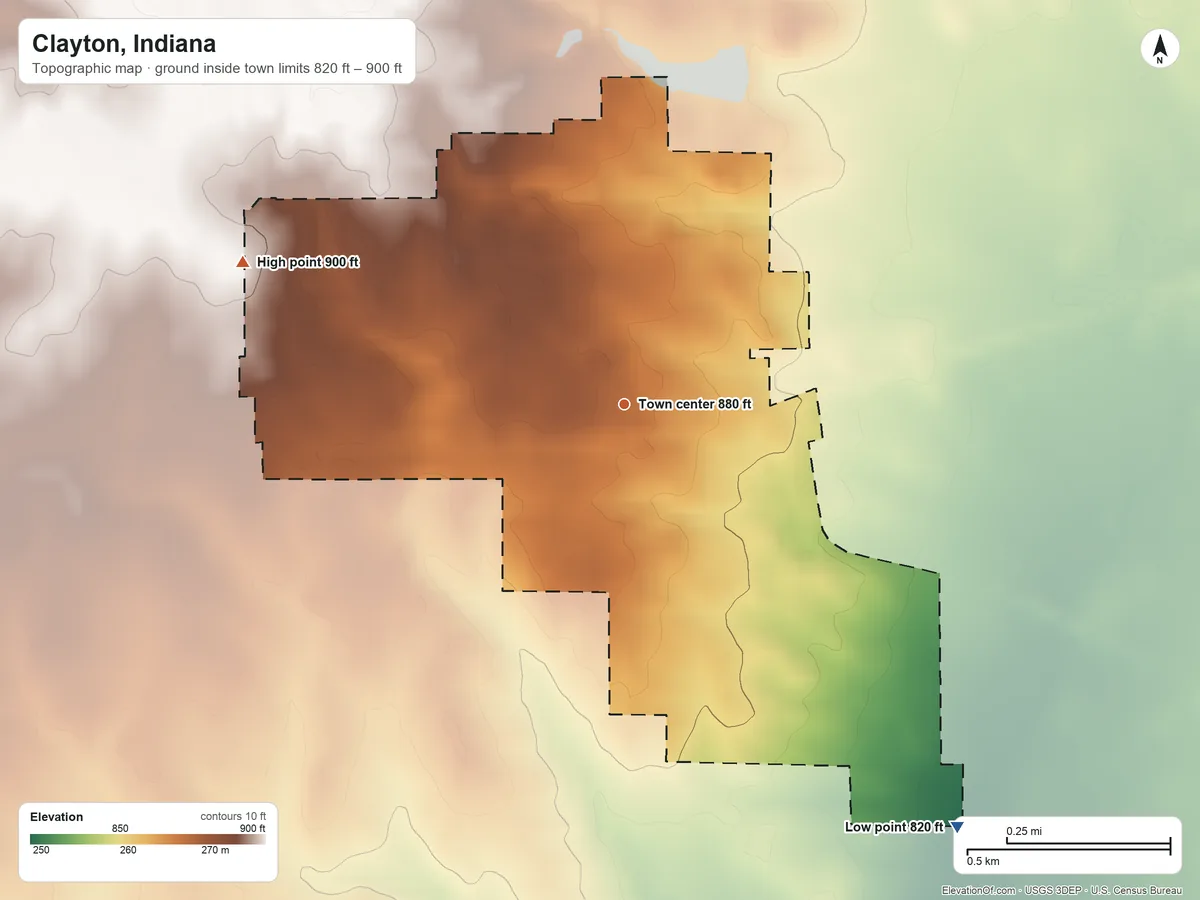 Topographic elevation map of Clayton, Indiana, shaded from 820 ft on the southeast side to 900 ft on the west side