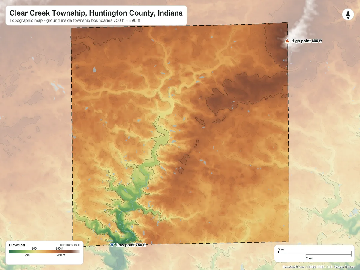 Topographic elevation map of Clear Creek Township, Huntington County, Indiana, shaded from 750 ft on the southwest side to 890 ft on the northeast side