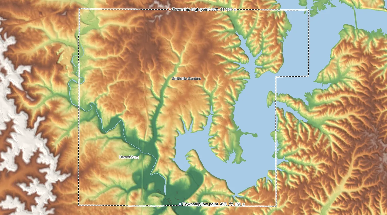 Topographic elevation map of Clear Creek Township, Indiana, shaded from 490 ft on the south side to 870 ft on the north side