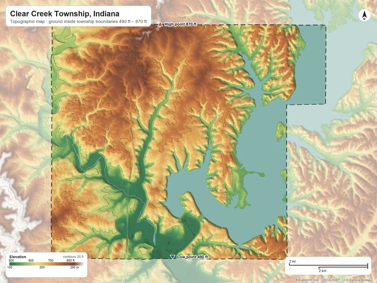 Topographic elevation map of Clear Creek Township, Indiana, shaded from 490 ft on the south side to 870 ft on the north side