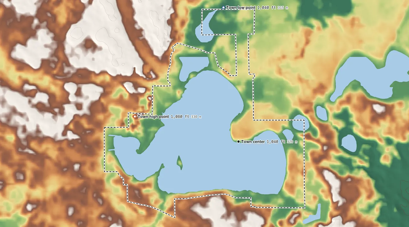 Topographic elevation map of Clear Lake, Indiana, shaded from 1,040 ft on the north side to 1,080 ft on the west side
