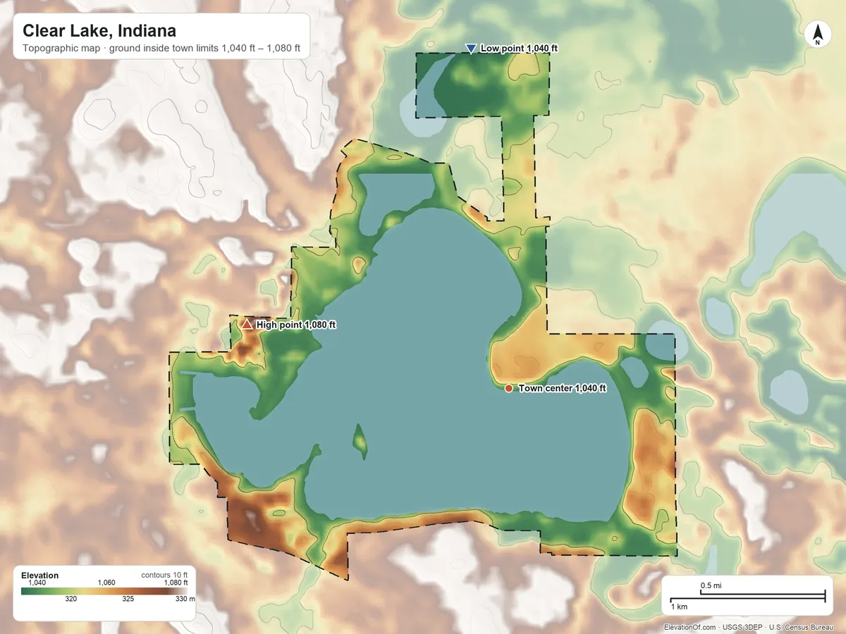Topographic elevation map of Clear Lake, Indiana, shaded from 1,040 ft on the north side to 1,080 ft on the west side