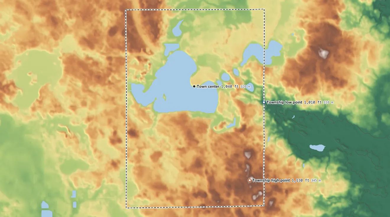 Topographic elevation map of Clear Lake Township, Indiana, shaded from 1,010 ft on the east side to 1,130 ft on the southeast side