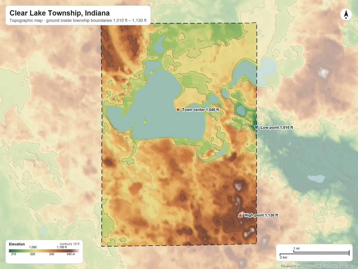 Topographic elevation map of Clear Lake Township, Indiana, shaded from 1,010 ft on the east side to 1,130 ft on the southeast side