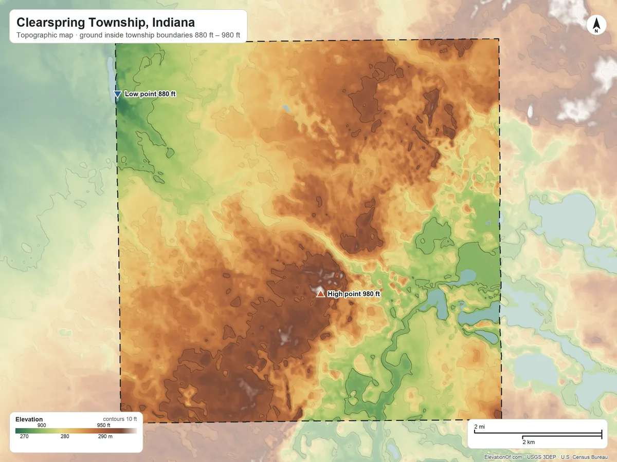 Topographic elevation map of Clearspring Township, Indiana, shaded from 880 ft on the northwest side to 980 ft on the southeast side