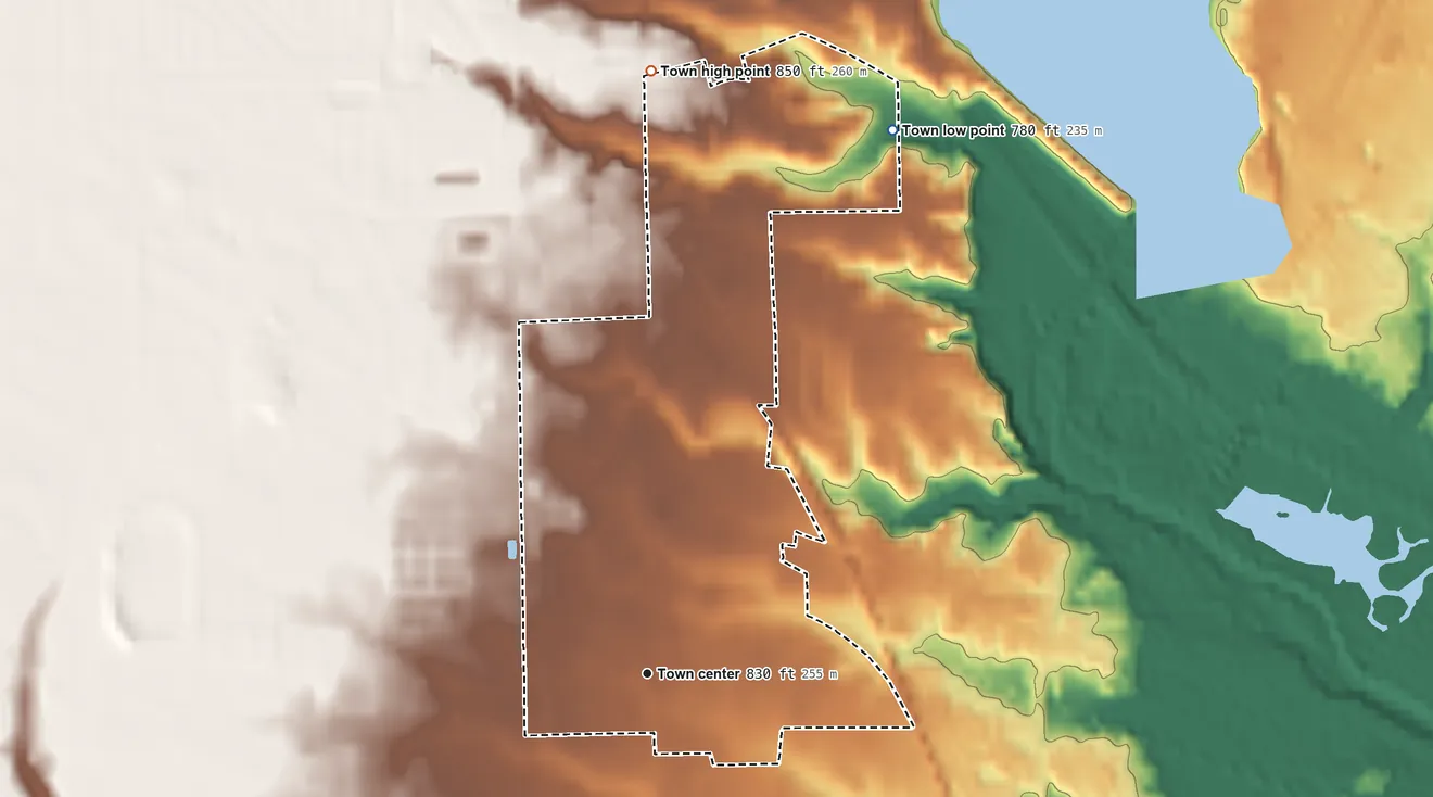 Topographic elevation map of Clermont, Indiana, shaded from 780 ft on the northeast side to 850 ft on the north side