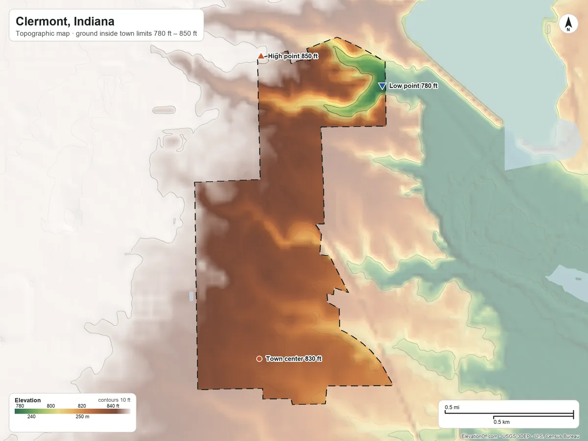 Topographic elevation map of Clermont, Indiana, shaded from 780 ft on the northeast side to 850 ft on the north side