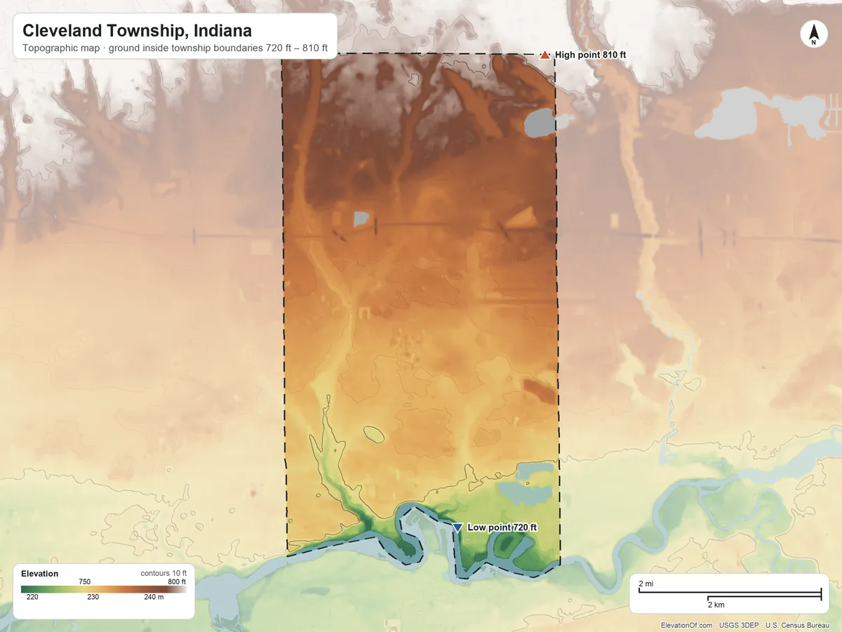 Topographic elevation map of Cleveland Township, Indiana, shaded from 720 ft on the south side to 810 ft on the northeast side