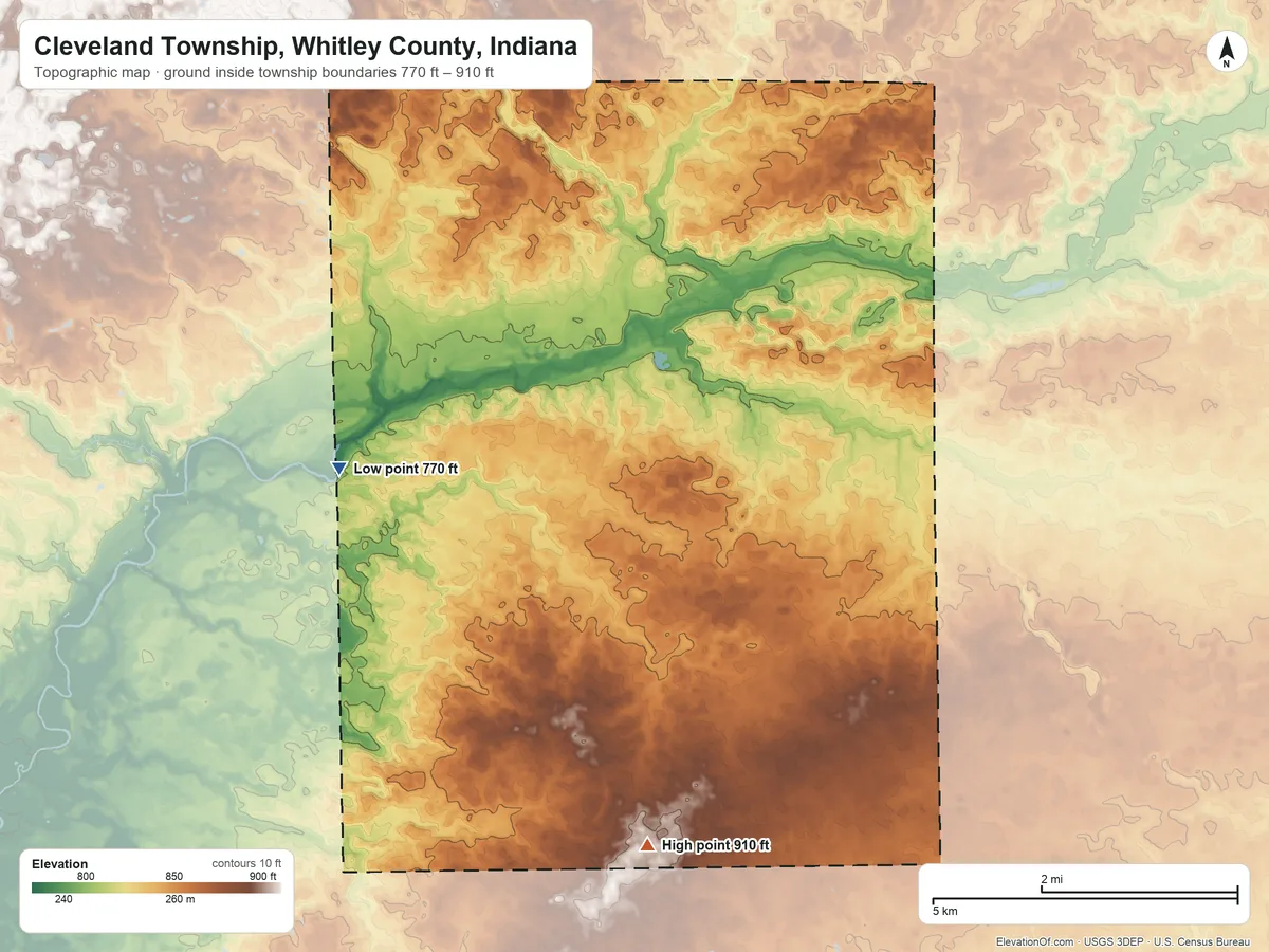 Topographic elevation map of Cleveland Township, Whitley County, Indiana, shaded from 770 ft on the west side to 910 ft on the south side