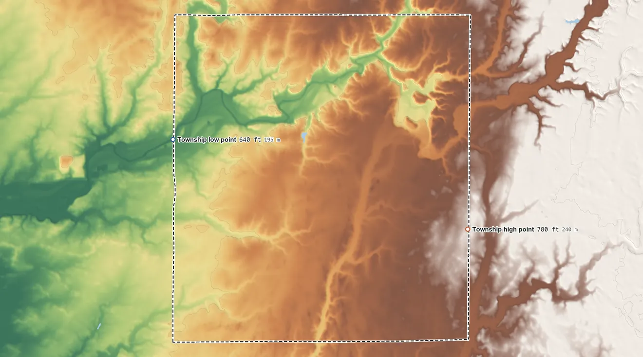Topographic elevation map of Clifty Township, Indiana, shaded from 640 ft on the west side to 780 ft on the southeast side
