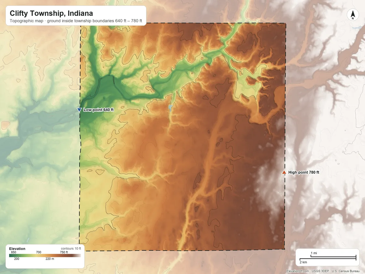 Topographic elevation map of Clifty Township, Indiana, shaded from 640 ft on the west side to 780 ft on the southeast side