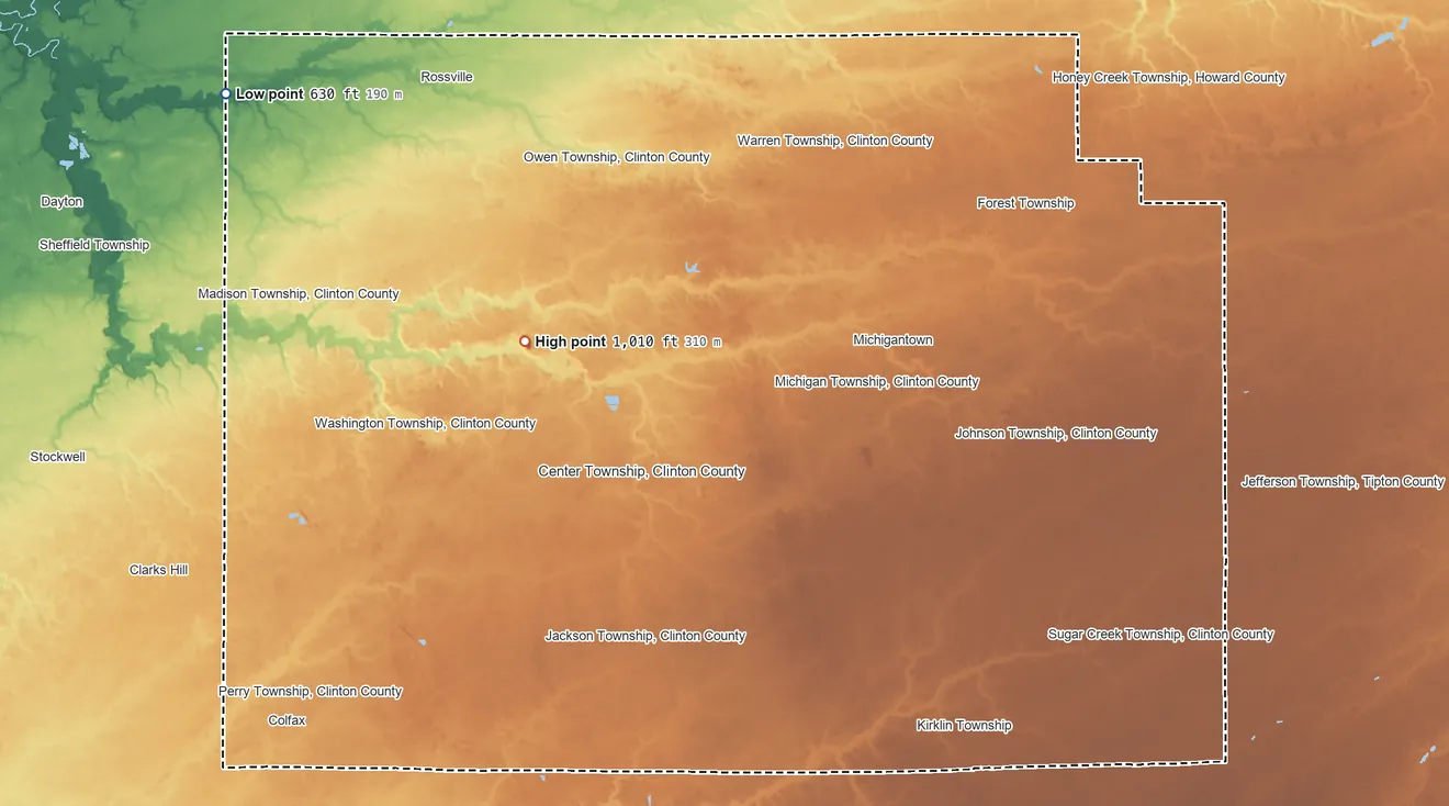 Topographic elevation map of Clinton County, Indiana, shaded from 630 ft on the northwest side to 1,010 ft on the west side